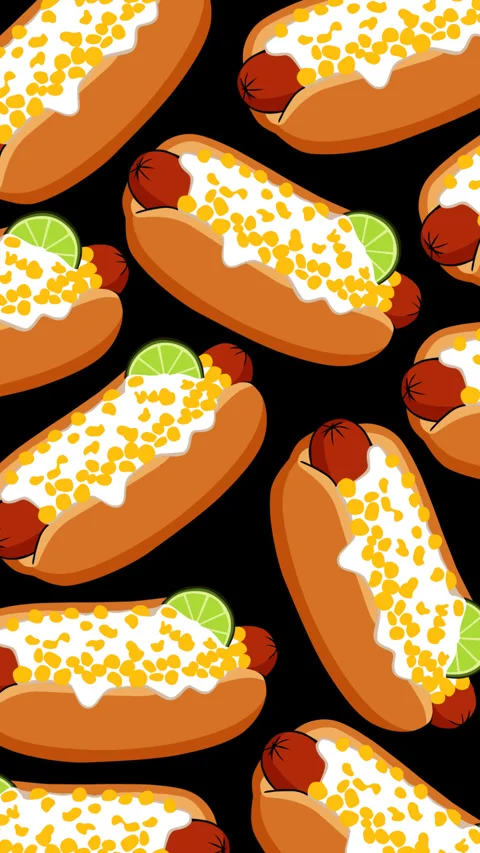 Creamy Corn Hot Dog Pattern with Lime on Black Background 스톡 동영상 337356042