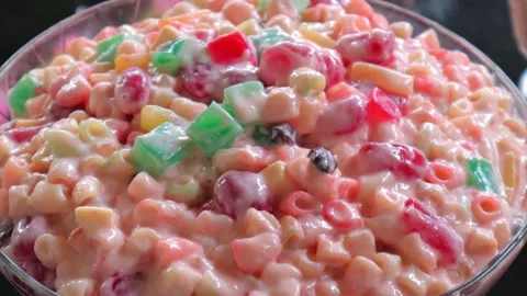 Creamy macaroni fruit salad  Stock Footage 157351840
