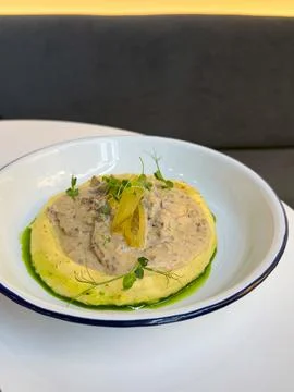 A creamy, savory dish of stew on mashed potatoes garnished with pickles Foto stock