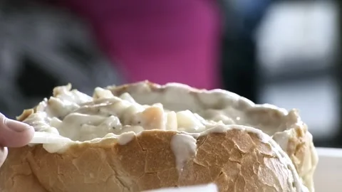Creamy Seafood Chowder Served Inside Sourdough Bread Stock-Footage 343362141