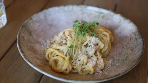 Creamy spaghetti carbonara Stock Footage 337848715