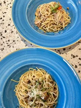 Creamy spaghetti carbonara made with rich egg yolk sauce, crispy bacon, par.. 写真素材