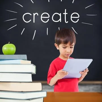 Create against green apple on pile of books in classroom Stock Illustration