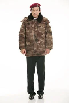 Create all kinds of work clothes policeman stands in front of a white background Stock Photos