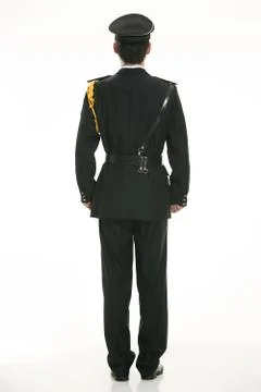 Create all kinds of work clothes policeman stands in front of a white background Stock Photos