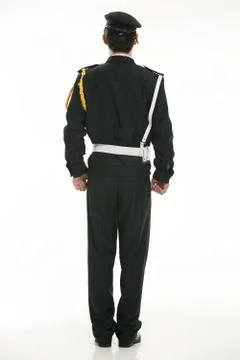 Create all kinds of work clothes policeman stands in front of a white background Stock Photos