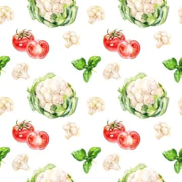 Create an artistic pattern with handdrawn cauliflower, tomato, and basil in a 스톡 일러스트