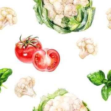 Create an artistic pattern with handdrawn cauliflower, tomato, and basil in a 스톡 일러스트