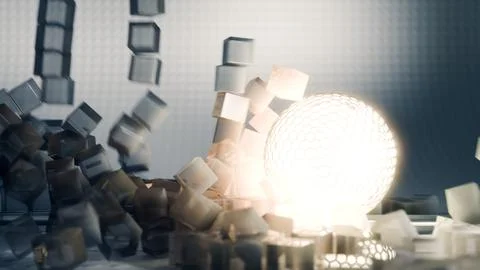 Create captivating scene with abstract cubes, light sphere, futuristic glow, and Ilustración de archivo