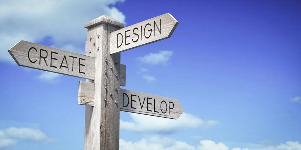 Create, Design, Develop - Wooden Signpost with Three Arrows イラスト素材