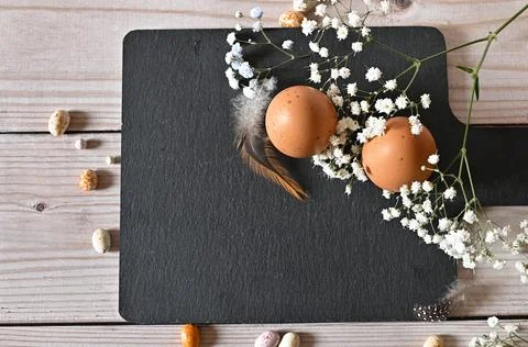 Create an Easter composition of Easter quail eggs and flowers on a white wo.. Stock Photos