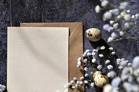Create an Easter composition of Easter quail eggs and flowers on a white wo.. Stock Photos