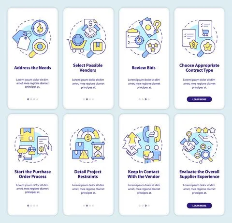 Create effective procurement plan onboarding mobile app screen set Ilustração Stock