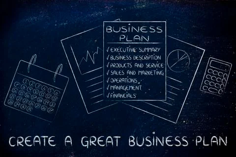 Create a great business plan: office desk with documents and mixed objects Stock Illustration