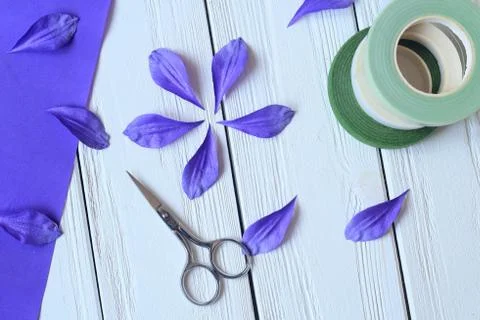 Create handmade flowers. Workflow, tools and materials. Stock Photos