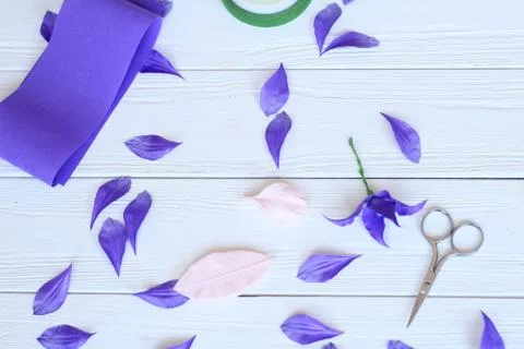 Create handmade flowers. Workflow, tools and materials. Stock Photos