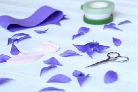 Create handmade flowers. Workflow, tools and materials. Stock Photos