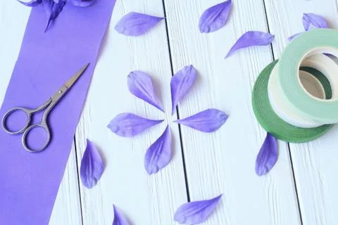 Create handmade flowers. Workflow, tools and materials. Stock Photos