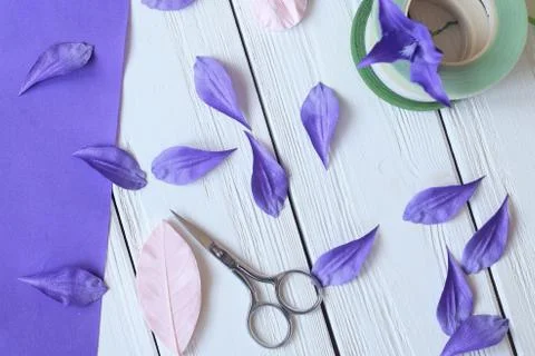 Create handmade flowers. Workflow, tools and materials. Stock Photos