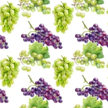 Create a lively design with green and purple grapes and leaves in a seamless Stock Illustration