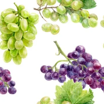 Create a lively design with green and purple grapes and leaves in a seamless Stock Illustration