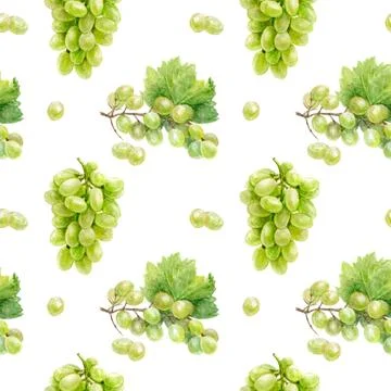Create a lively design with green grapes and leaves in a seamless watercolor Stock Illustration