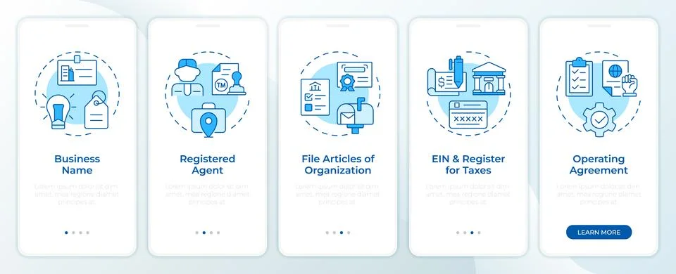 Create LLC blue onboarding mobile app screen Ilustración de archivo