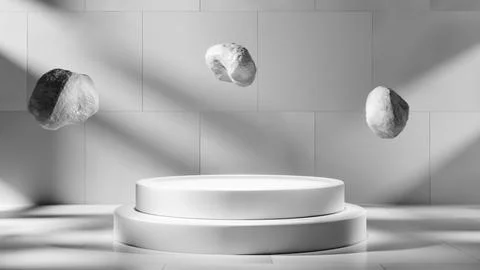 Create a minimalist abstract scene featuring floating stones on a white pedestal Illustration