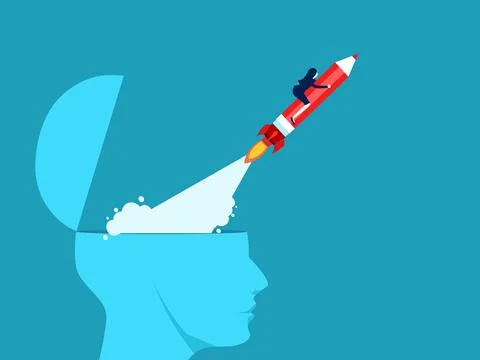 Create new ideas. Imagination or content writing. Businesswoman riding a penc Illustrazione stock