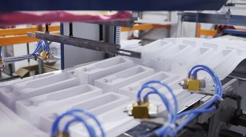 Create plastic package and packing. Machines create packing for bottles. Process Stock Photos