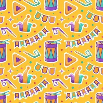 Create a vibrant vector illustration for Purim featuring a seamless pattern.. Stock Illustration