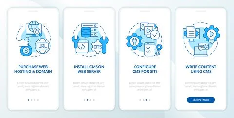 Create website with CMS platform blue onboarding mobile app screen Stock Illustration