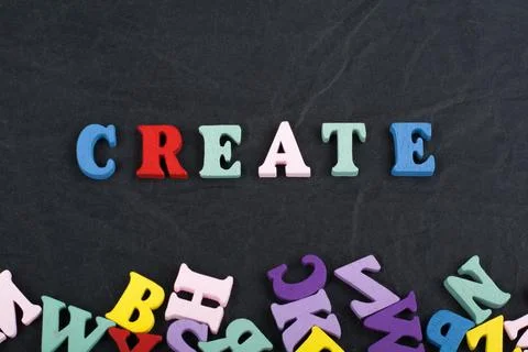 CREATE word on black board background composed from colorful abc alphabet b.. 스톡 사진