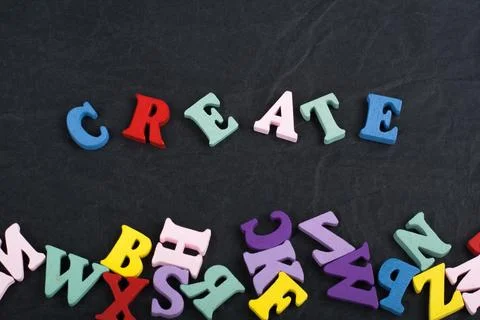 CREATE word on black board background composed from colorful abc alphabet b.. 스톡 사진
