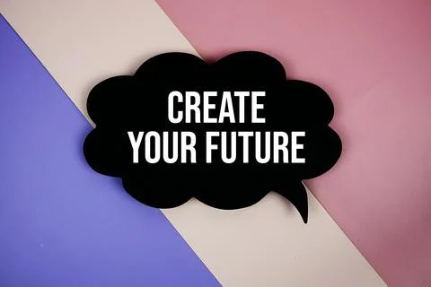 Create Your Future text on speech bubble top view on purple geometric backg.. Stock Photos