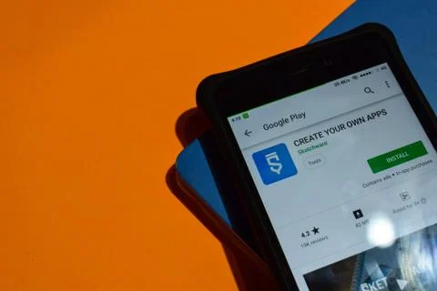 CREATE YOUR OWN APPS dev app on Smartphone screen. 写真素材