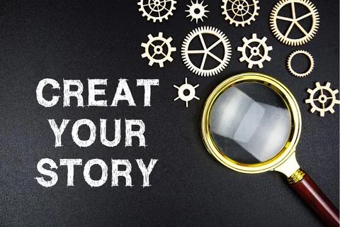 Create Your Story text message with magnifying glass on black background Stock Photos