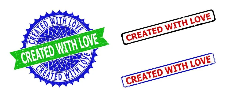 CREATED WITH LOVE Rosette and Rectangle Bicolor Watermarks with Distress Stock Illustration