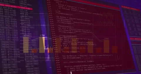 Creating animation, programmer coding with data visualization charts on screen Video stock 303608801