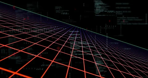 Creating animation, red lines grid overlaying digital code for futuristic Stock Footage 304768747