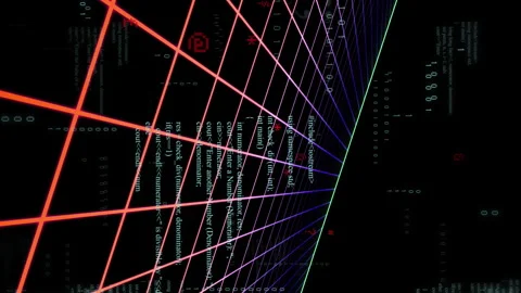 Creating animation, red lines grid overlaying digital code for futuristic Stock Footage 313171216