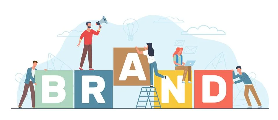 Creating brand, people stacking big cubes with brand name on them. Men and women Stock Illustration