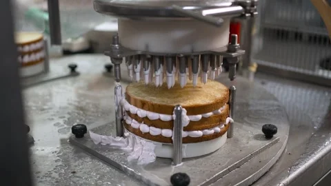 The creating a cake on a conveyor line in modern confectionery factory. 스톡 동영상 264032244