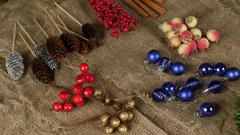 Creating a Christmas composition. Elements of the Christmas composition lie on Stock Footage 116369910