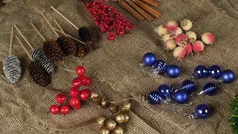 Creating a Christmas composition. Elements of the Christmas composition lie on 스톡 동영상 116370238