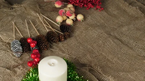 Creating a Christmas composition. Lay green, fresh branches of spruce on the Stock Footage 116370728