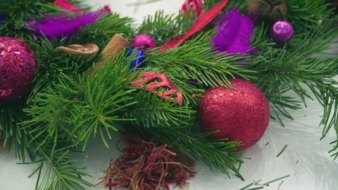 Creating a Christmas wreath with decorations. Close-up Stock Footage 70970301