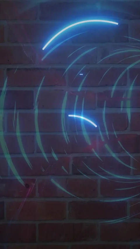 Creating circular designs, neon blue light patterns on brick wall background Stock Footage 319811605