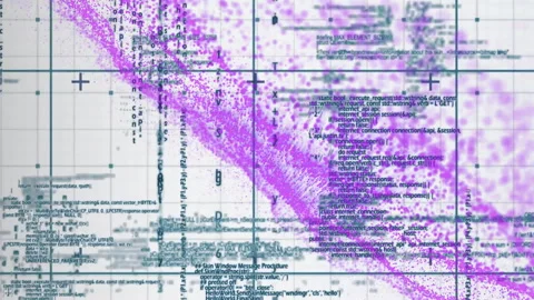 Creating complex pattern, purple data points and text scattered over grid Stock Footage 304203294