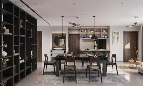 Creating a Cozy Dining Space Luxury Interior Design with Craft Wooden Table.. Illustrazione stock